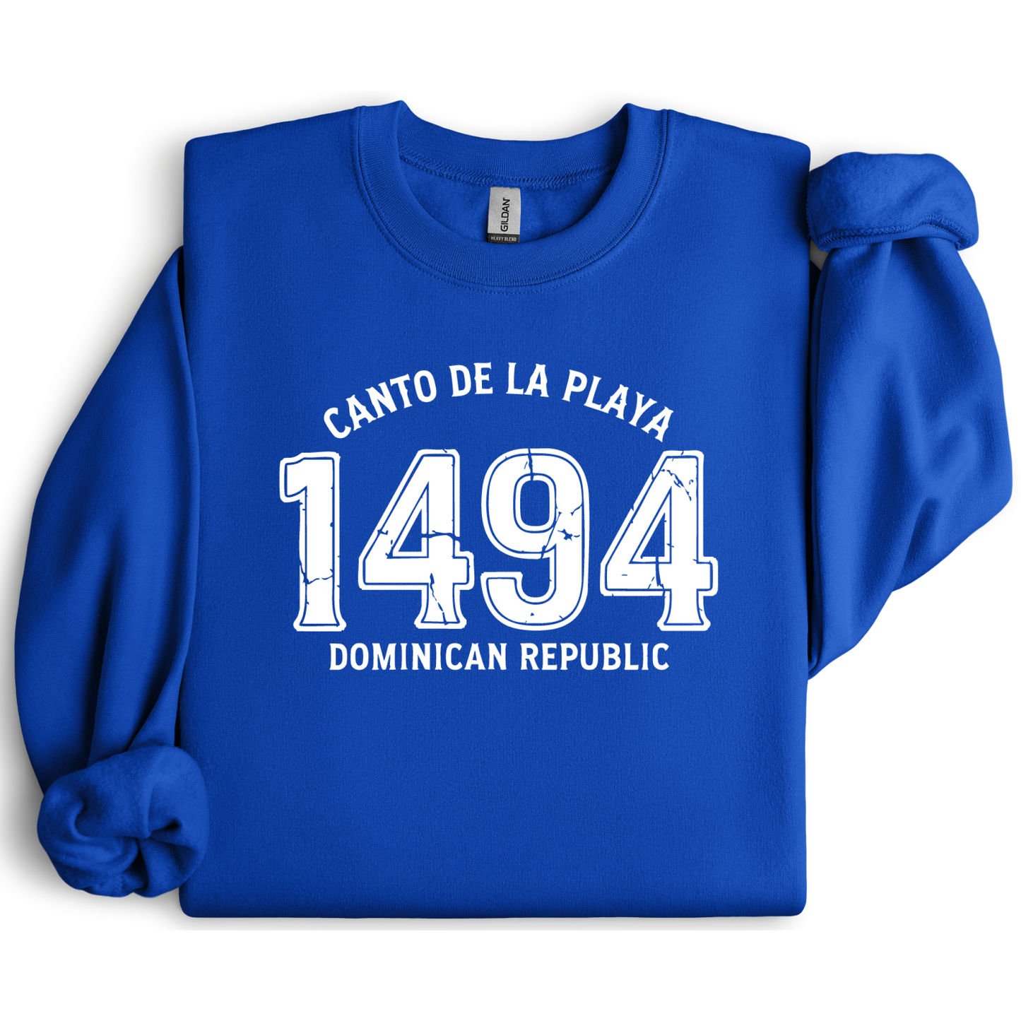 Gildan sweatshirt with “Canto De La Playa 1494 Dominican Republic” printed in distressed navy text. Vintage beach-inspired crewneck symbolizing Caribbean heritage and coastal charm. Made from soft cotton-poly blend fabric for comfort and style, ideal for beach lovers and travelers who adore Dominican culture. Cozy, sustainable, and perfect for casual wear or tropical getaways.