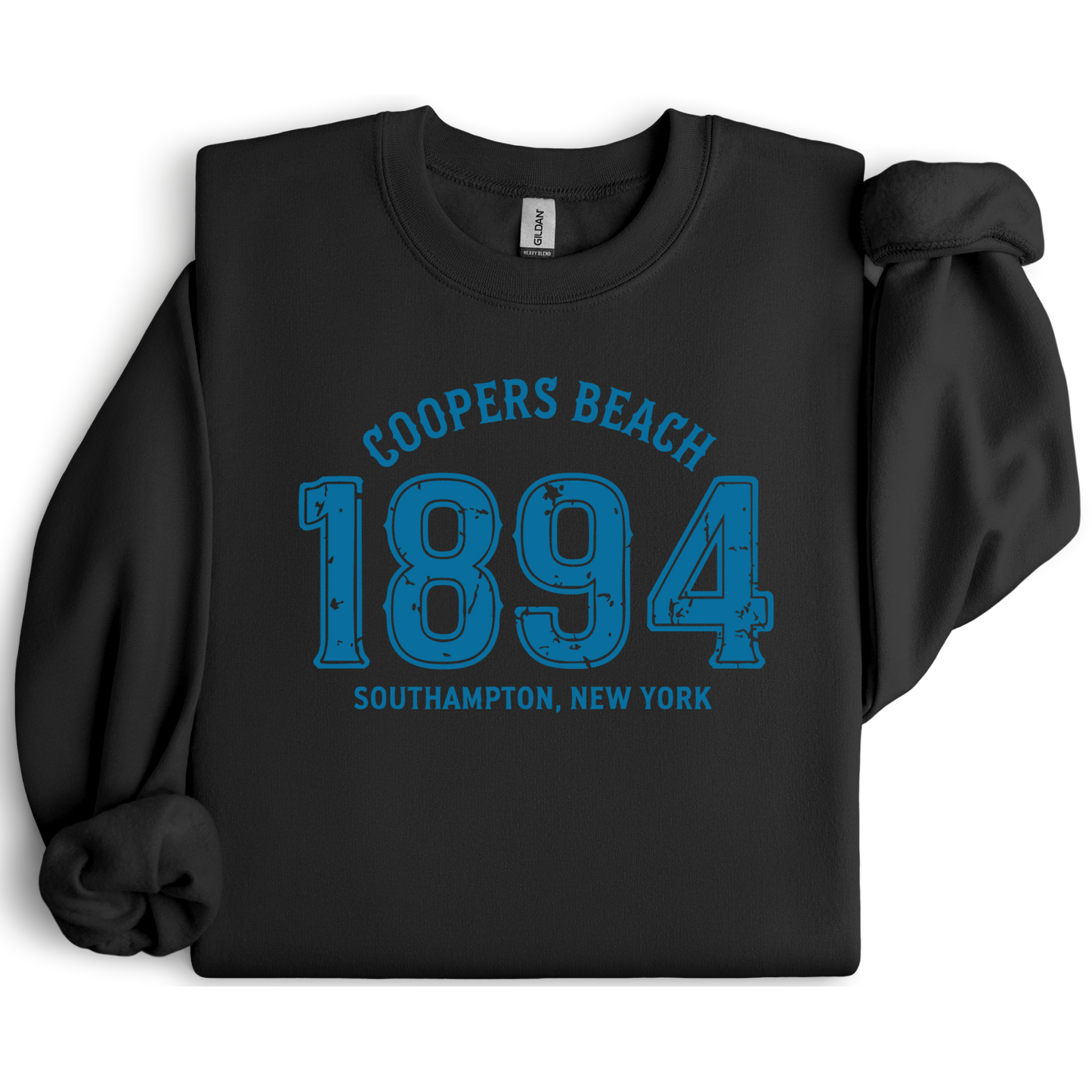 Black sweatshirt with blue text 'Coopers Beach 1894 Southampton, New York' on a white background