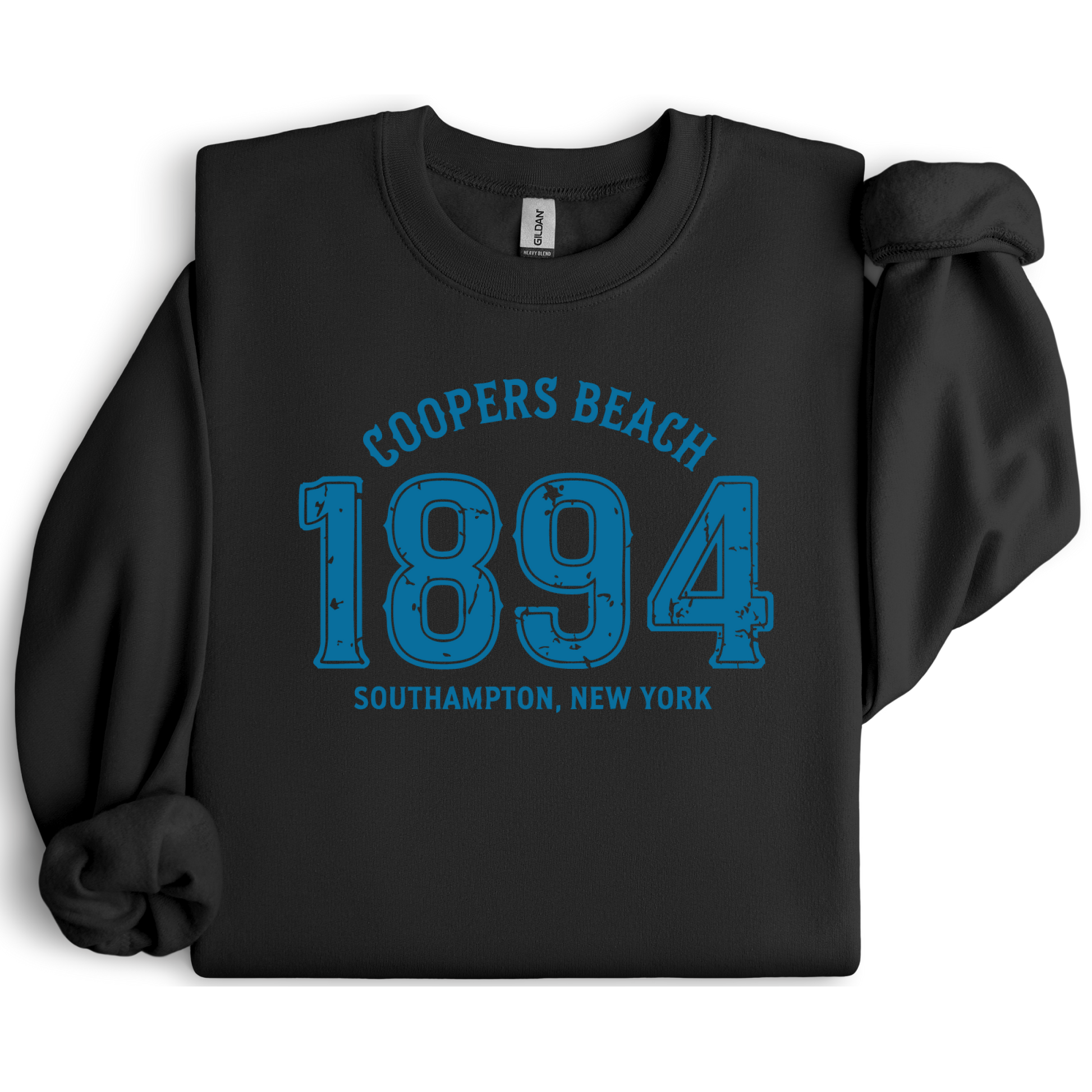 Black sweatshirt with blue text 'Coopers Beach 1894 Southampton, New York' on a white background