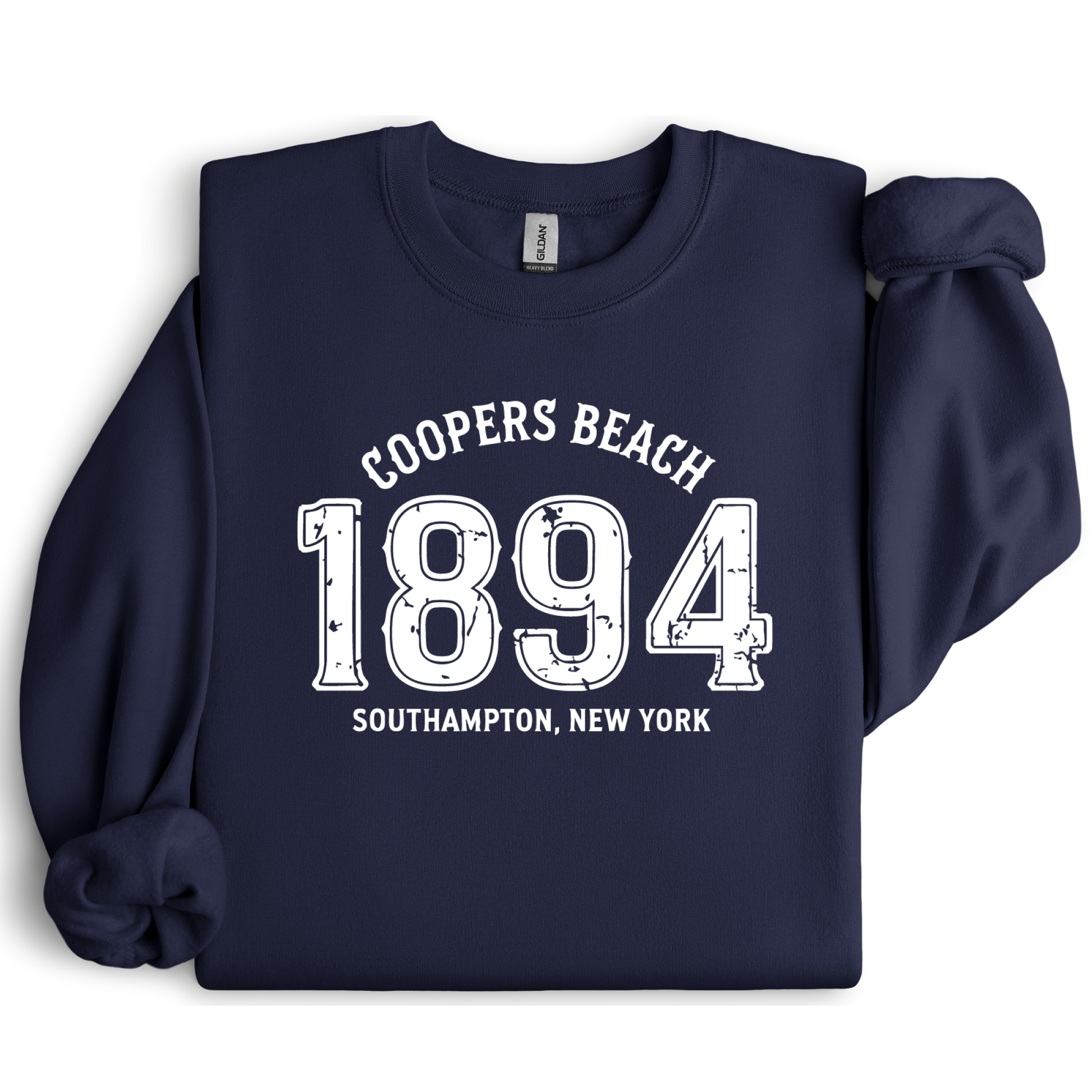 Navy blue sweatshirt with white text 'Coopers Beach 1894 Southampton, New York' on a white background