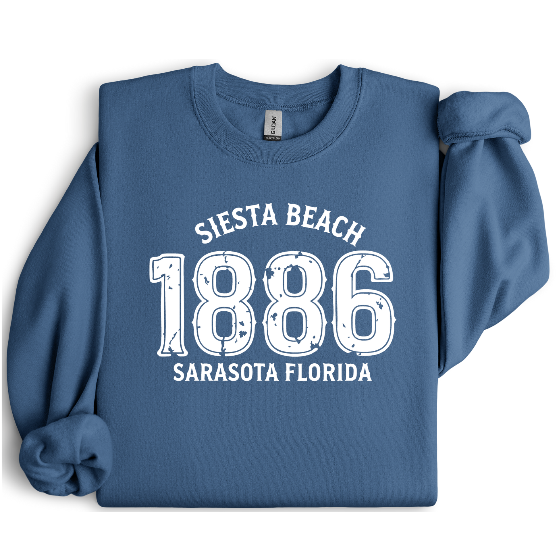 Indigo Blue sweatshirt with white text 'Siesta Beach 1886 Sarasota Florida' on a white background