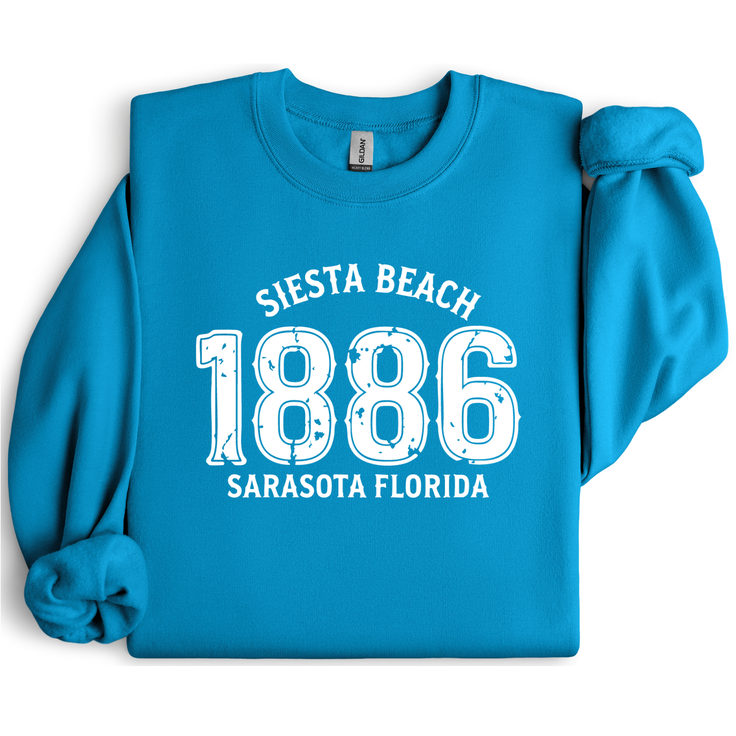 Sapphire Blue sweatshirt with white text 'Siesta Beach 1886 Sarasota Florida' on a white background