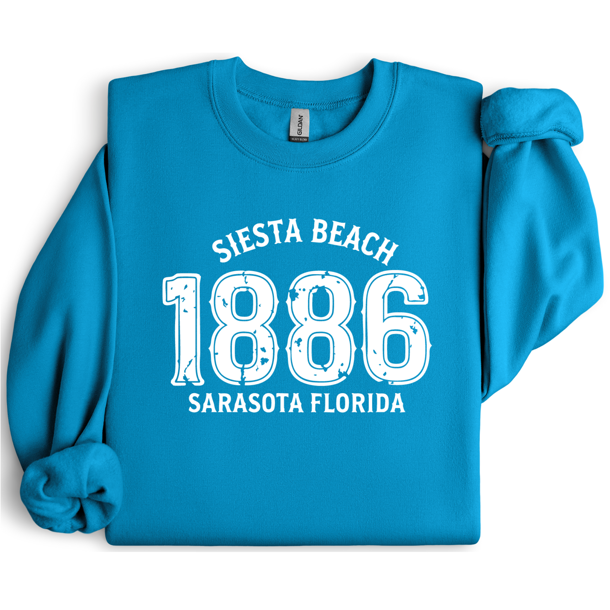 Sapphire Blue sweatshirt with white text 'Siesta Beach 1886 Sarasota Florida' on a white background
