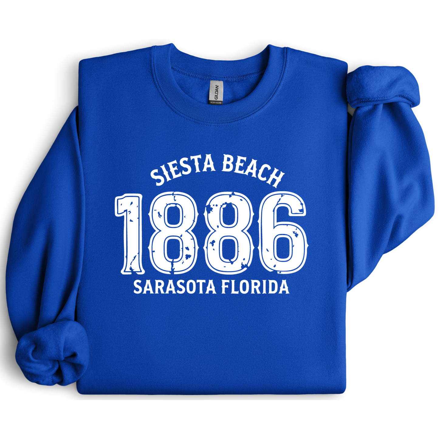 Royal Blue sweatshirt with 'Siesta Beach 1886 Sarasota Florida' text on a white background