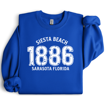 Royal Blue sweatshirt with 'Siesta Beach 1886 Sarasota Florida' text on a white background