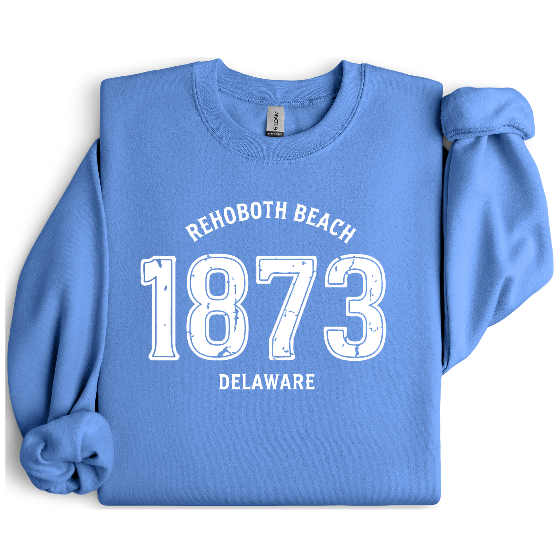 Carolina Blue sweatshirt with 'Rehoboth Beach 1873 Delaware' text on a white background