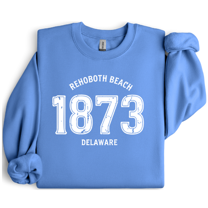 Carolina Blue sweatshirt with 'Rehoboth Beach 1873 Delaware' text on a white background