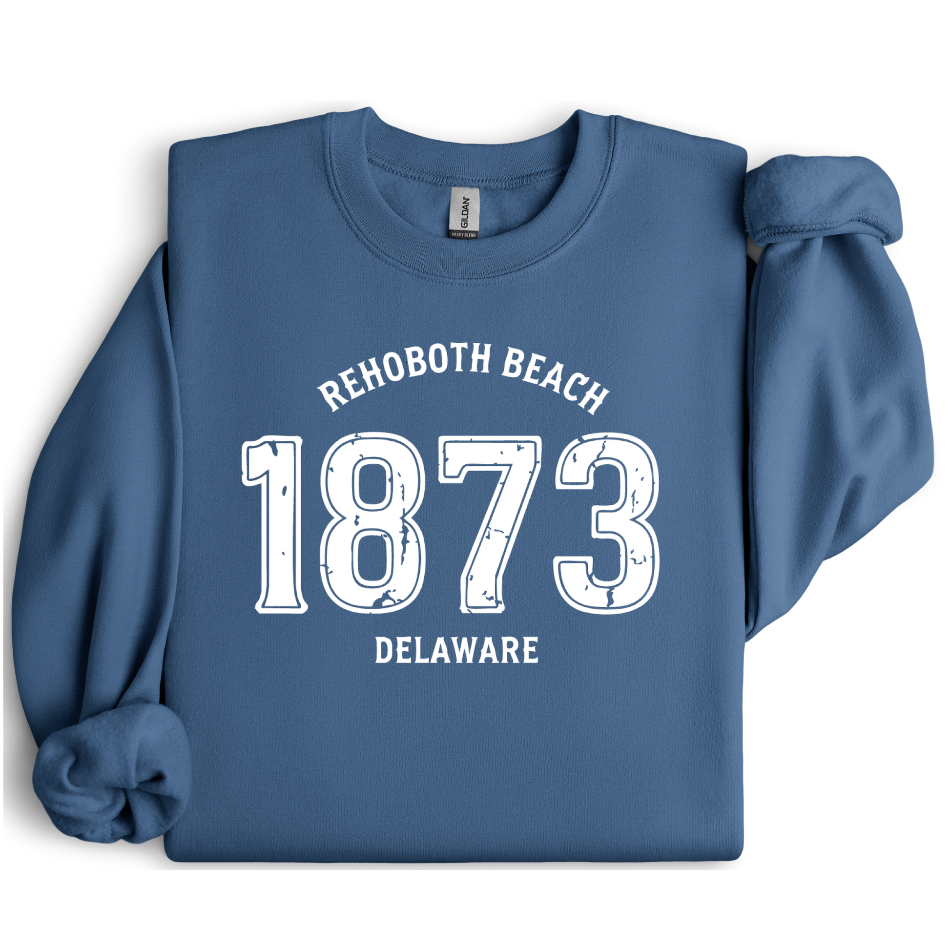 Indigo Blue sweatshirt with 'Rehoboth Beach 1873 Delaware' text on a white background