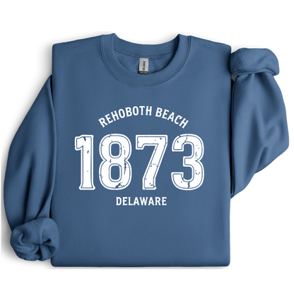 Indigo Blue sweatshirt with 'Rehoboth Beach 1873 Delaware' text on a white background