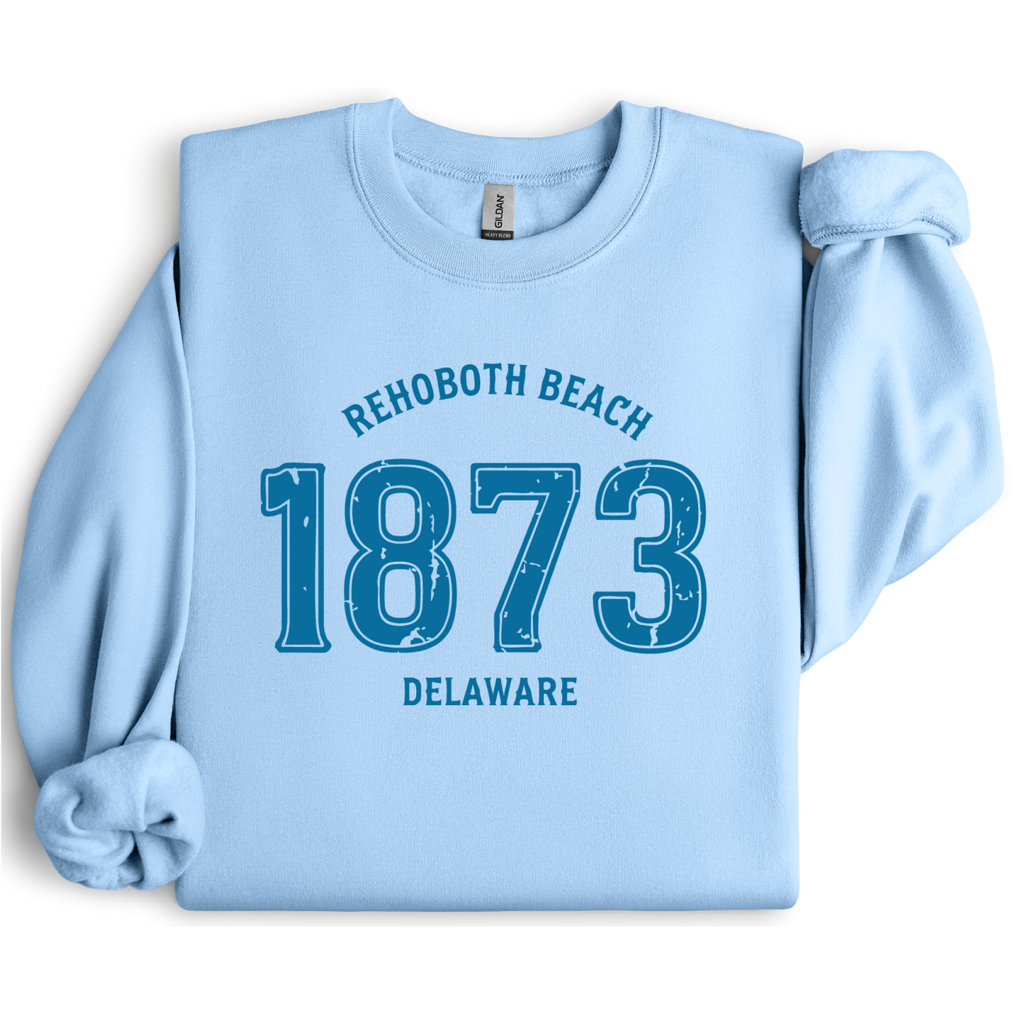 Light blue sweatshirt with 'Rehoboth Beach 1873 Delaware' text on a white background