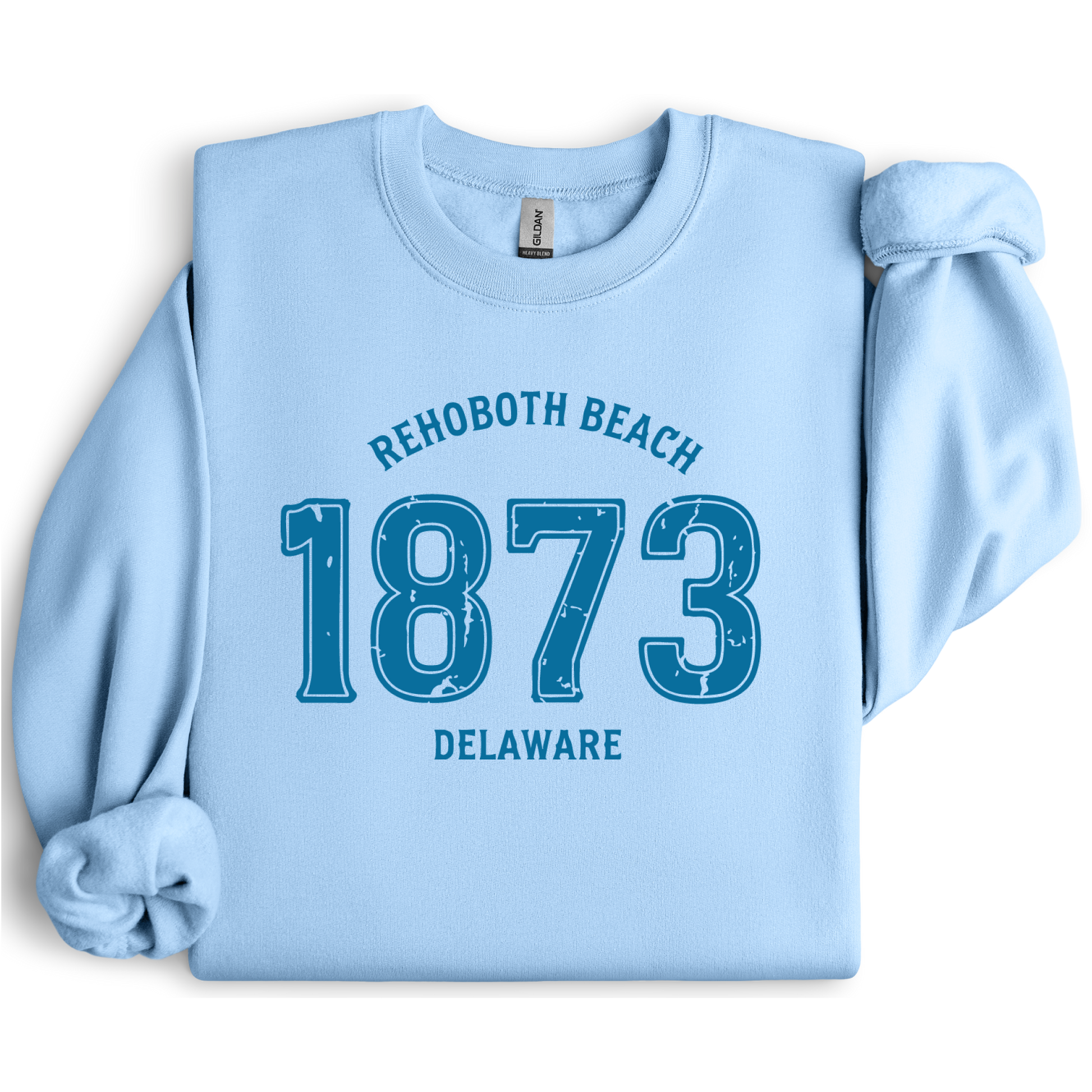 Light blue sweatshirt with 'Rehoboth Beach 1873 Delaware' text on a white background