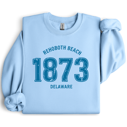 Light blue sweatshirt with 'Rehoboth Beach 1873 Delaware' text on a white background