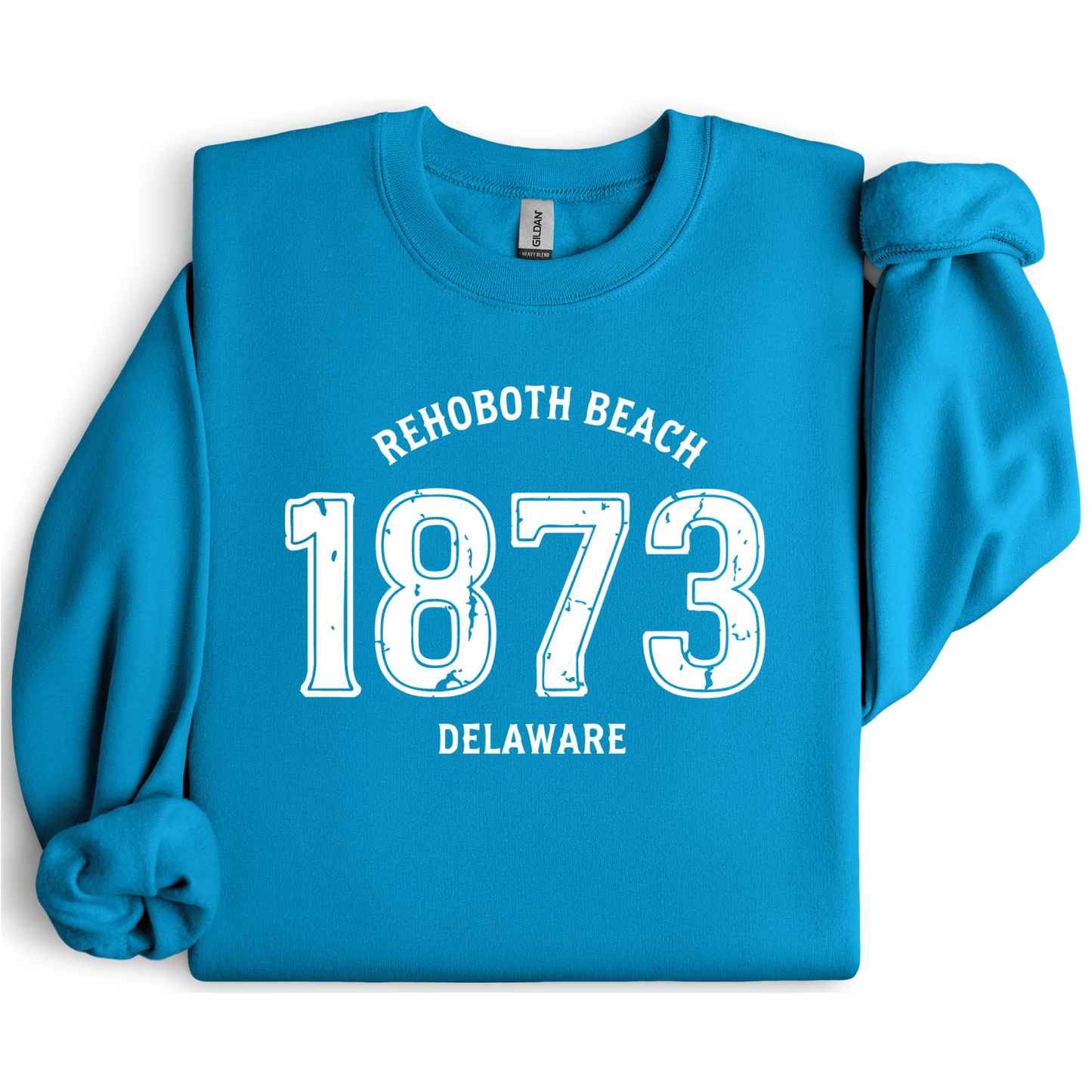 Sapphire Blue sweatshirt with 'Rehoboth Beach 1873 Delaware' text on a white background