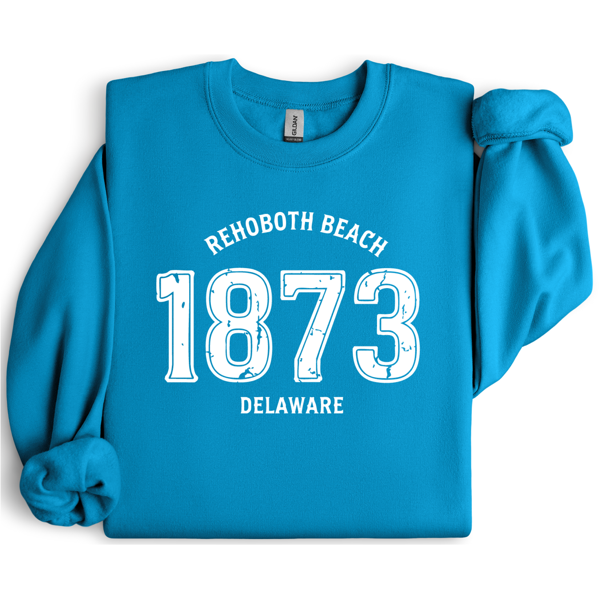Sapphire Blue sweatshirt with 'Rehoboth Beach 1873 Delaware' text on a white background