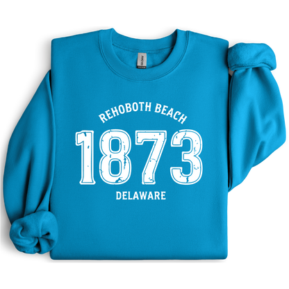 Sapphire Blue sweatshirt with 'Rehoboth Beach 1873 Delaware' text on a white background