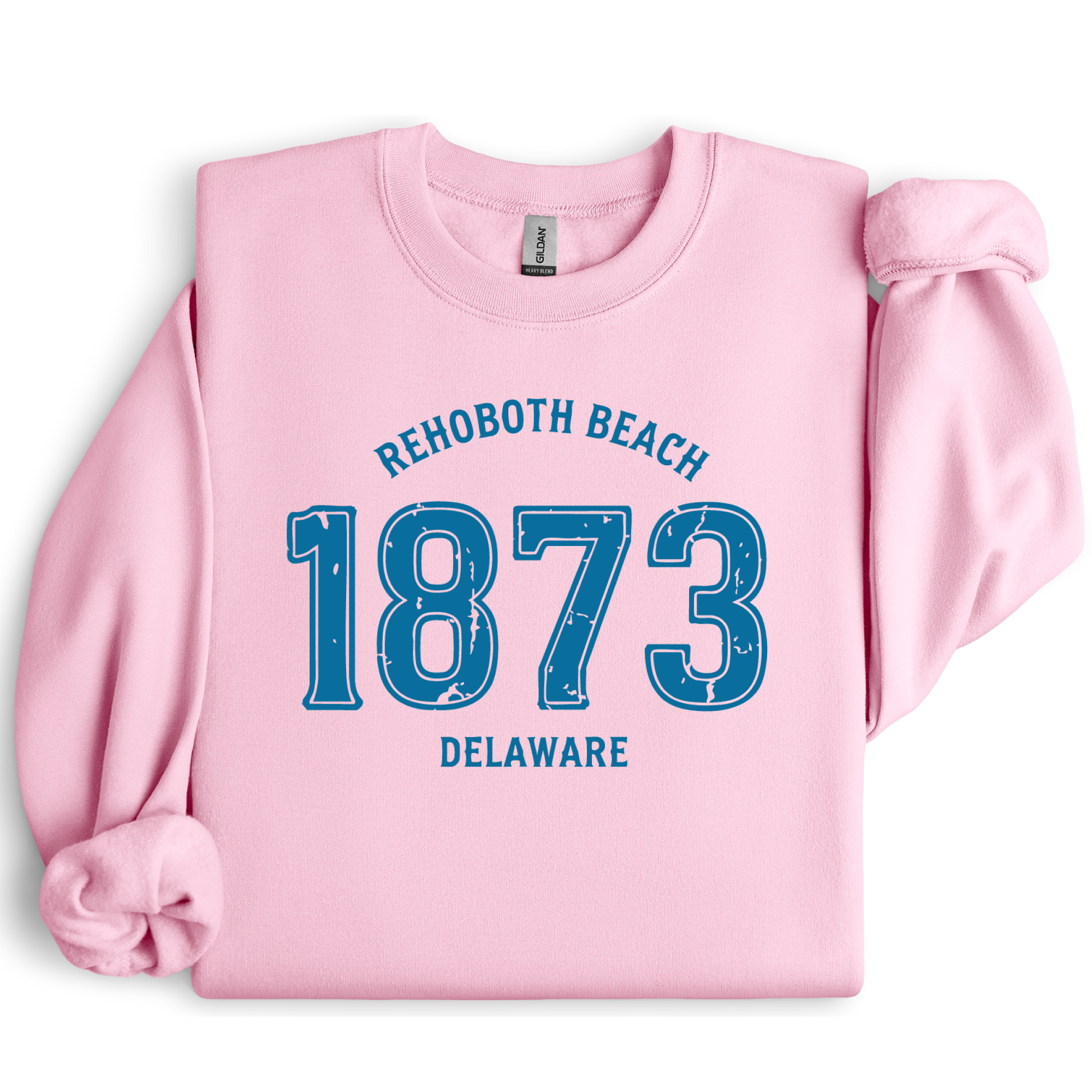Pink sweatshirt with blue text 'Rehoboth Beach 1873 Delaware' on a white background