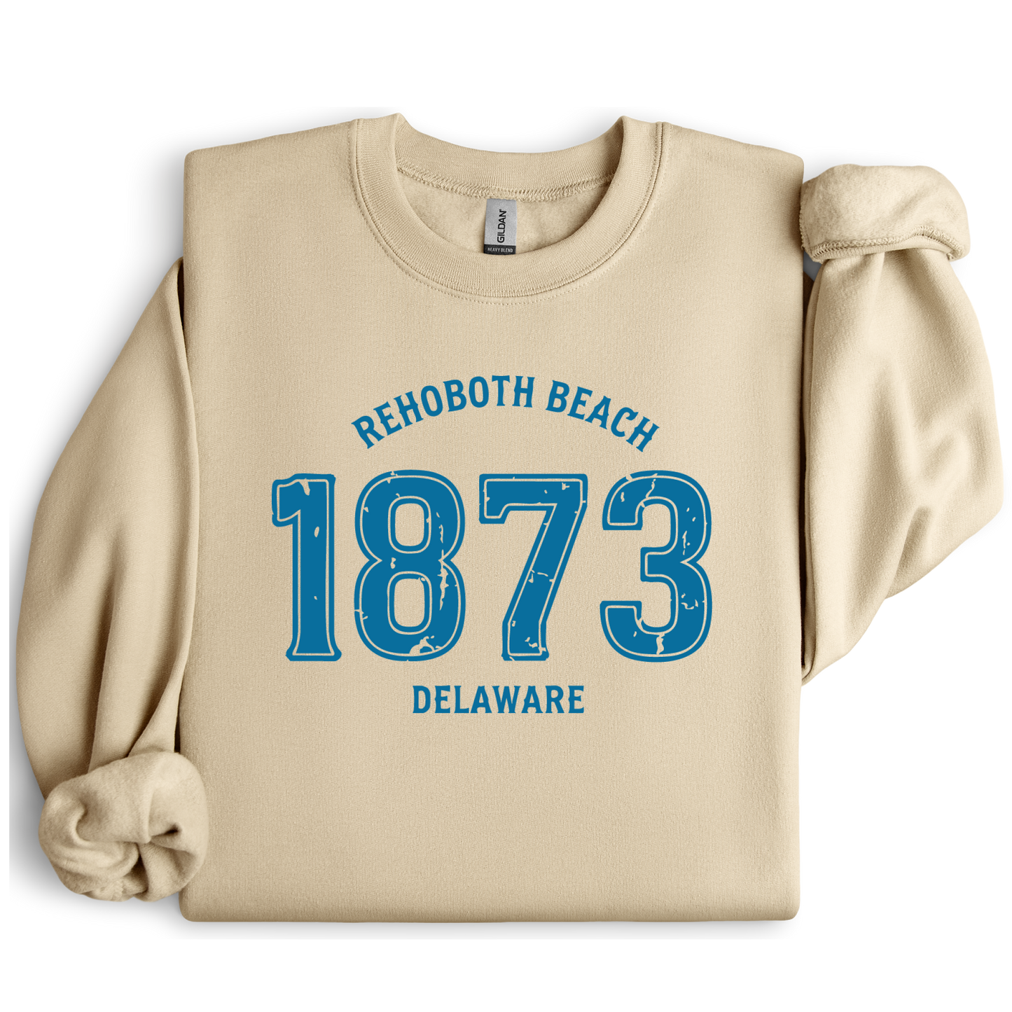 Sand  sweatshirt with blue text 'Rehoboth Beach 1873 Delaware' on a white background