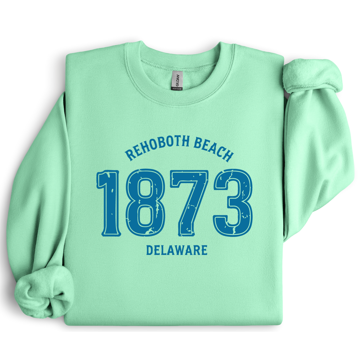 Mint green sweatshirt with blue text 'Rehoboth Beach 1873 Delaware' on a white background