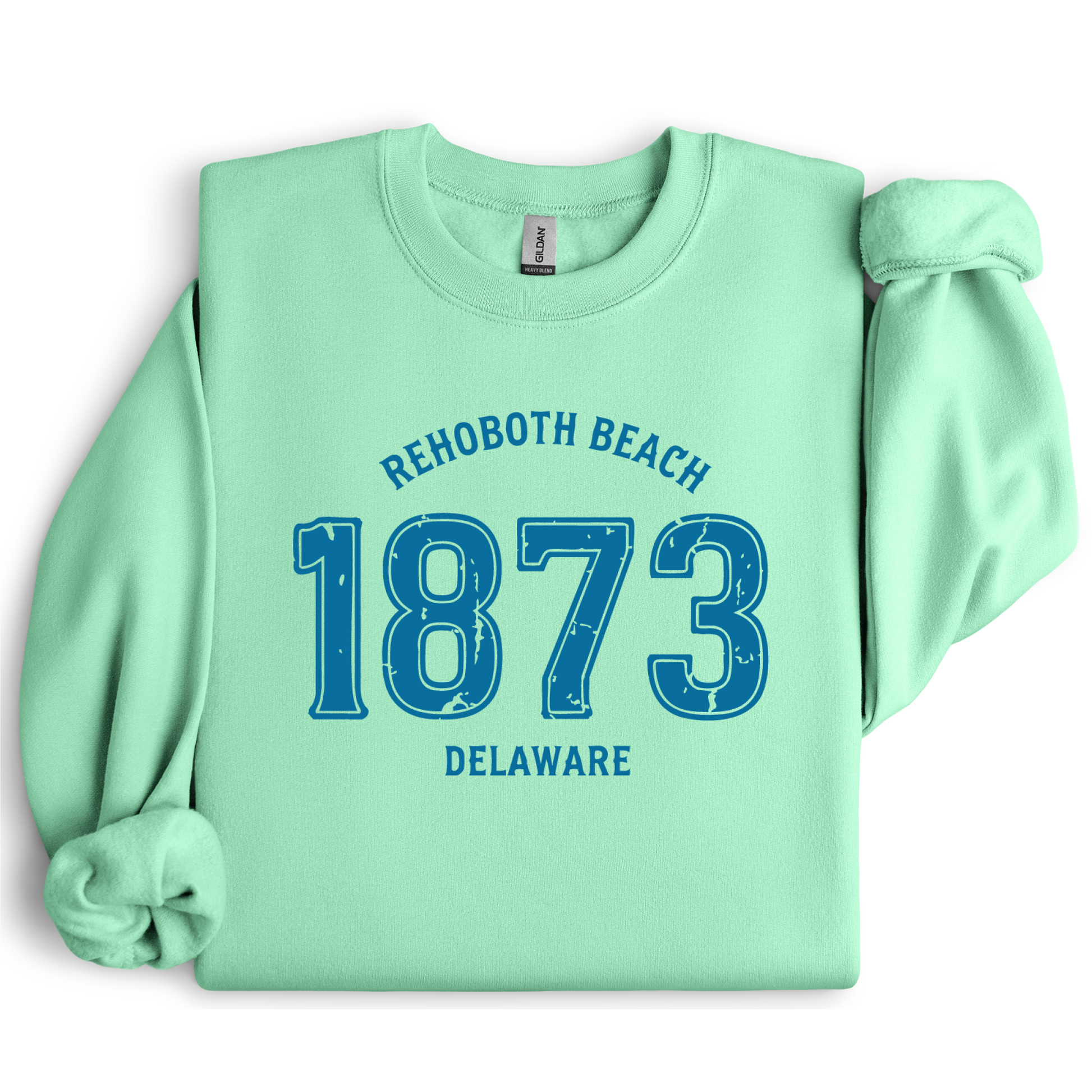 Mint green sweatshirt with blue text 'Rehoboth Beach 1873 Delaware' on a white background