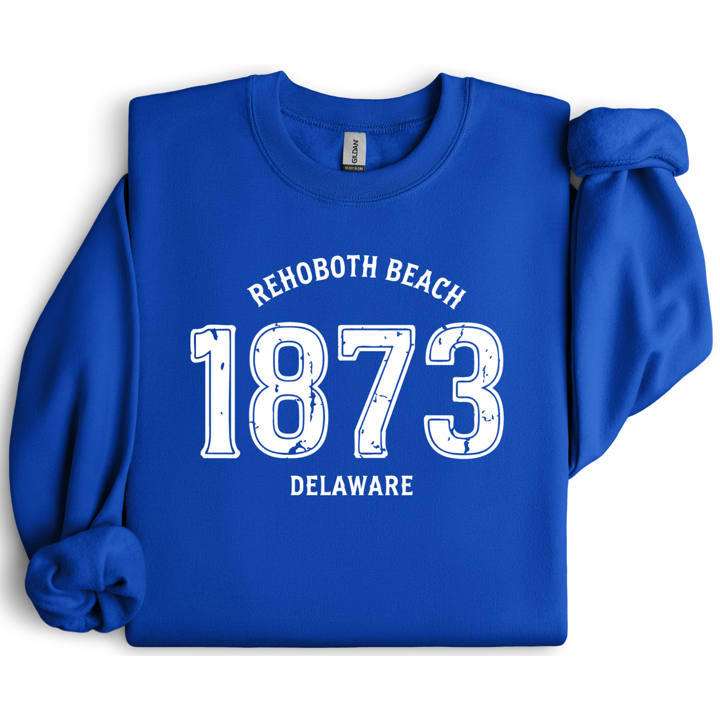 Royal Blue sweatshirt with 'Rehoboth Beach 1873 Delaware' text on a white background