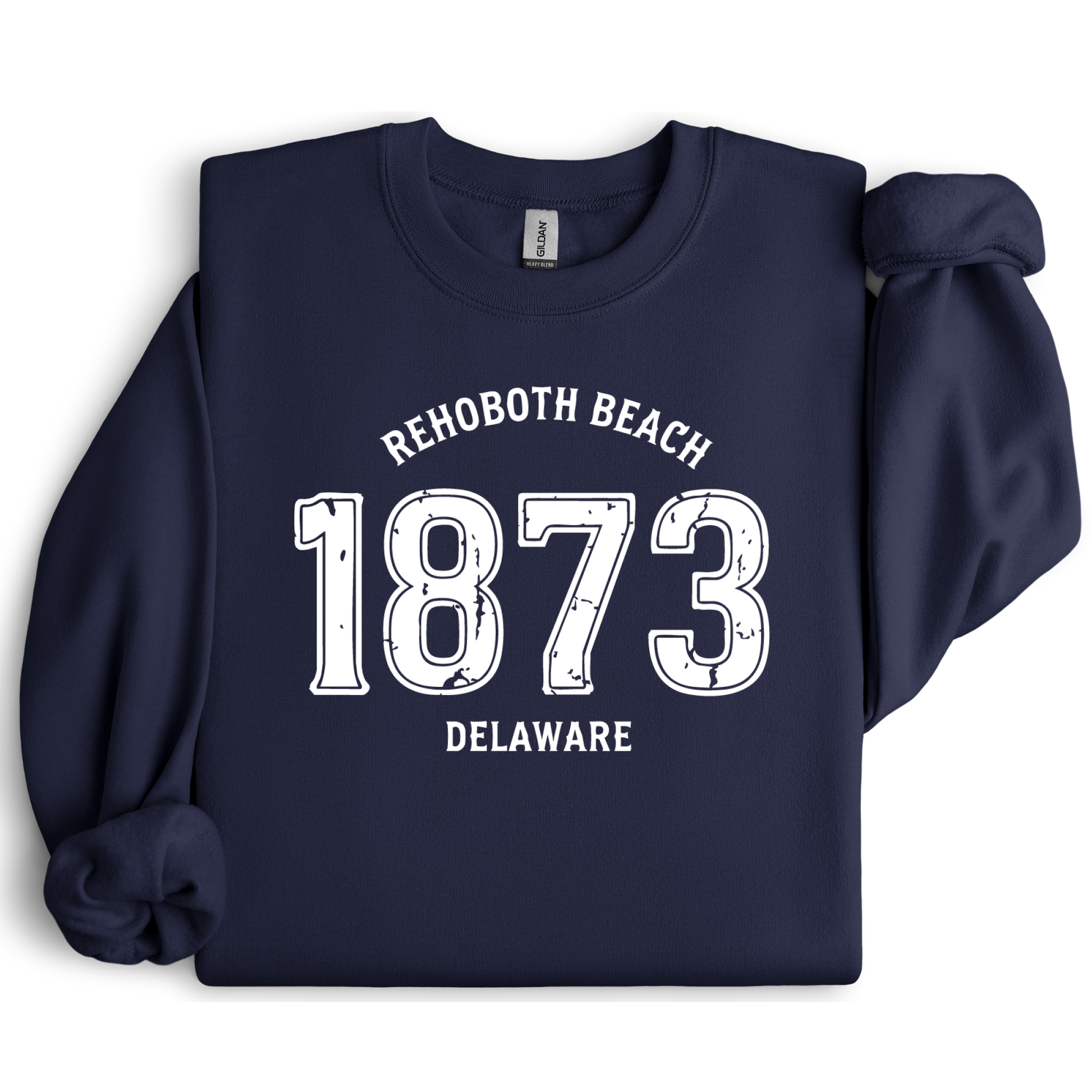 Navy blue sweatshirt with 'Rehoboth Beach 1873 Delaware' text on a white background
