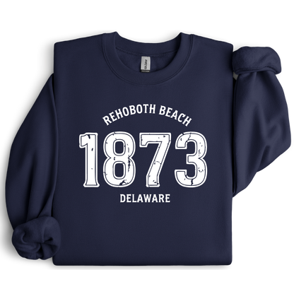 Navy blue sweatshirt with 'Rehoboth Beach 1873 Delaware' text on a white background