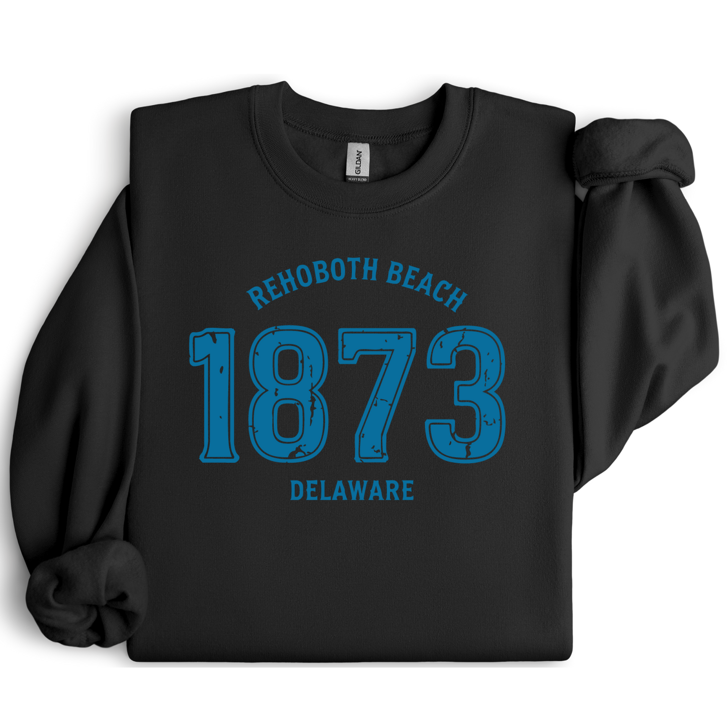 Black sweatshirt with blue text 'Rehoboth Beach 1873 Delaware' on a white background