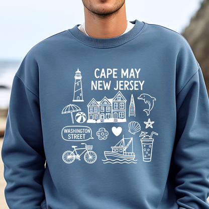 Gildan sweatshirt with blue Cape May New Jersey design featuring beach icons like a lighthouse, dolphin, beach ball, shells, and Washington Street sign. Coastal-inspired pullover made from soft cotton-poly blend fabric, ideal for beach lovers and Cape May fans. Perfect for seaside getaways or relaxing at home, this cozy crewneck celebrates the charm of New Jersey’s iconic coastal town.