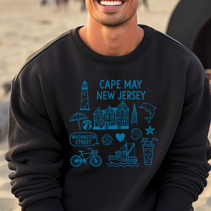 Gildan sweatshirt with blue Cape May New Jersey design featuring beach icons like a lighthouse, dolphin, beach ball, shells, and Washington Street sign. Coastal-inspired pullover made from soft cotton-poly blend fabric, ideal for beach lovers and Cape May fans. Perfect for seaside getaways or relaxing at home, this cozy crewneck celebrates the charm of New Jersey’s iconic coastal town.