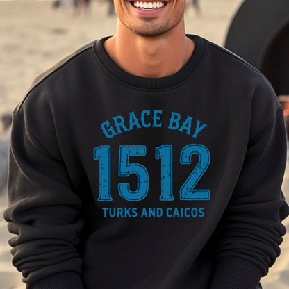 Gildan sweatshirt featuring blue text that reads “Grace Bay 1512 Turks and Caicos” in a vintage collegiate style. Cozy cotton-poly blend pullover with ribbed cuffs and waistband for a relaxed, durable fit. Ideal for beach lovers, island travelers, and fans of coastal fashion. Perfect for staying cozy while showcasing love for one of the Caribbean’s most beautiful beaches — Grace Bay.