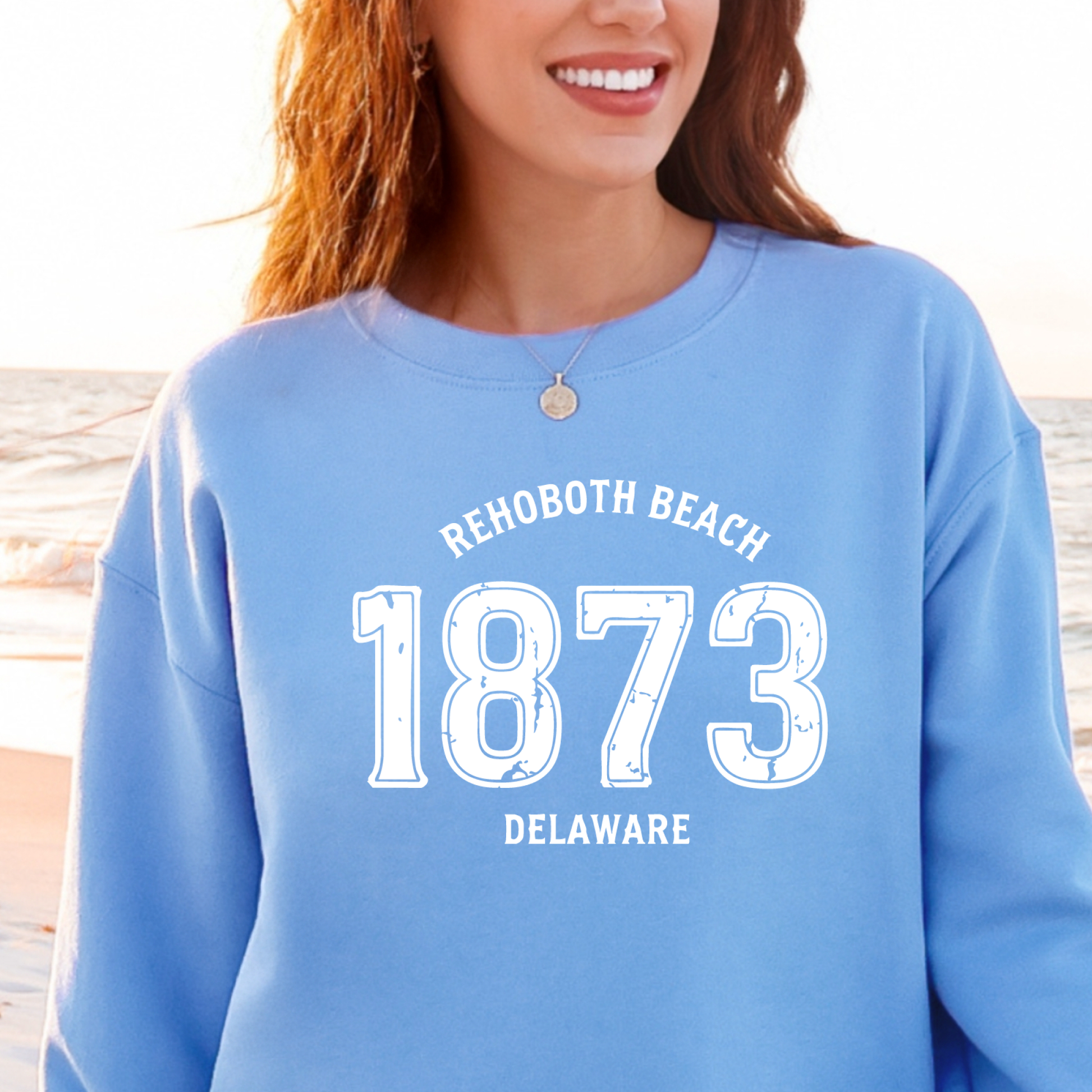 Person wearing a Carolina blue sweatshirt with 'Rehoboth Beach 1873 Delaware' text on a beach background