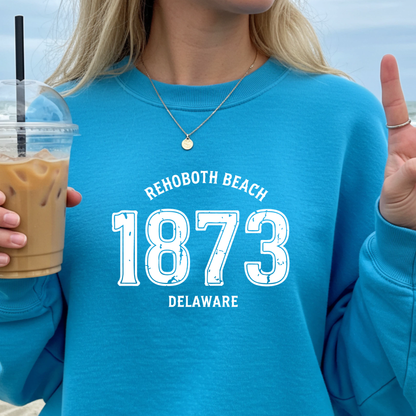Person wearing a sapphire blue sweatshirt with 'Rehoboth Beach 1873 Delaware' text, holding a drink.