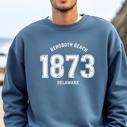 Person wearing a indigo blue sweatshirt with 'Rehoboth Beach 1873 Delaware' text.