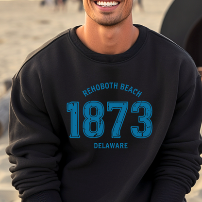 Person wearing a black sweatshirt with 'Rehoboth Beach 1873 Delaware' text on a beach.